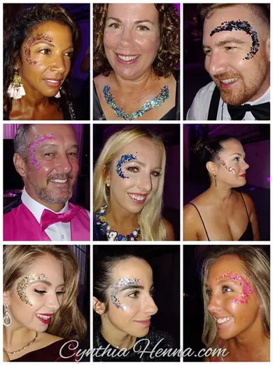 Collage of nine guests at a gala wearing glitter and glam designs on faces and necklines