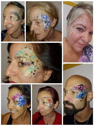 Collage of guests wearing glitter glam eye and brow designs in many color combinations