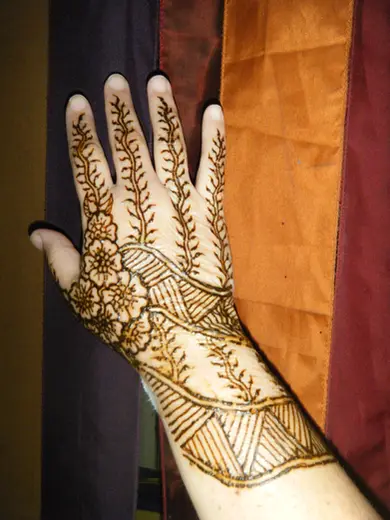 Henna vines and a flower drawn across the palm and forearm