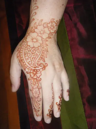 Henna hibiscus and paisley design flowing over the hand and fingers